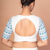  Classic White Sweetheart Neckline Blouse with Printed Blue Sleeves and Back Closure
img 4