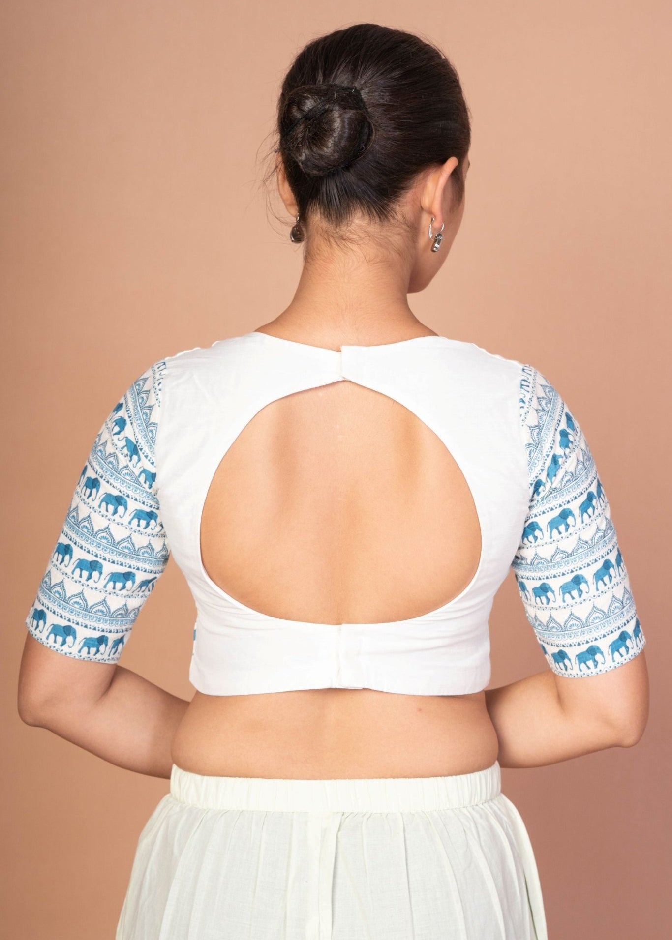 Classic White Sweetheart Neckline Blouse with Printed Blue Sleeves and Back Closure - Anvi Couture