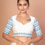  Classic White Sweetheart Neckline Blouse with Printed Blue Sleeves and Back Closure
img 1