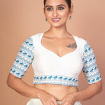  Classic White Sweetheart Neckline Blouse with Printed Blue Sleeves and Back Closure
img 2