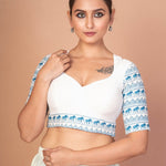  Classic White Sweetheart Neckline Blouse with Printed Blue Sleeves and Back Closure
img 3