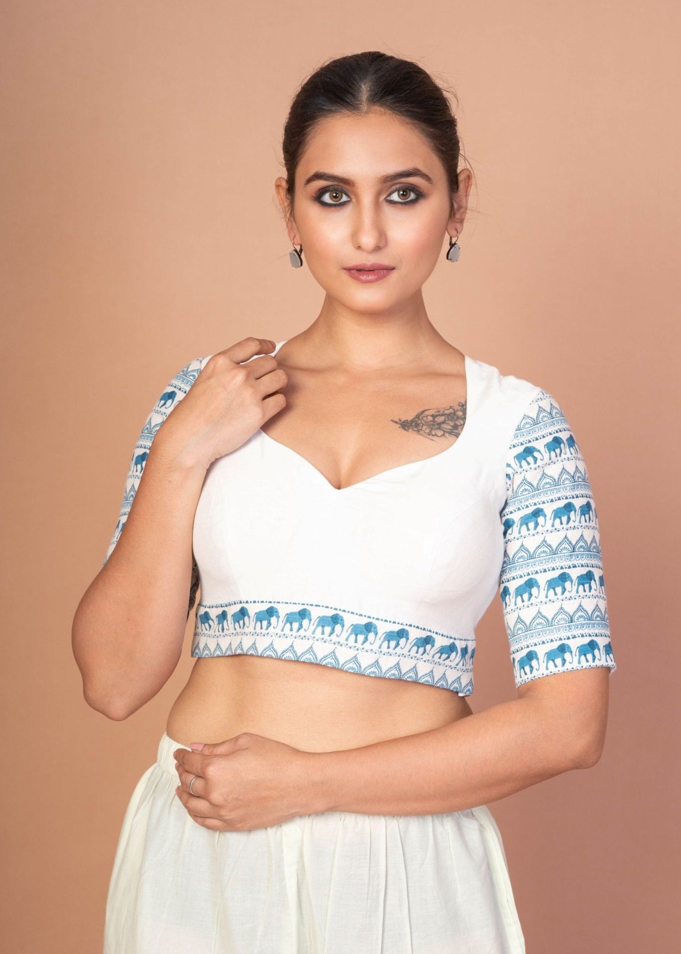 Classic White Sweetheart Neckline Blouse with Printed Blue Sleeves and Back Closure - Anvi Couture