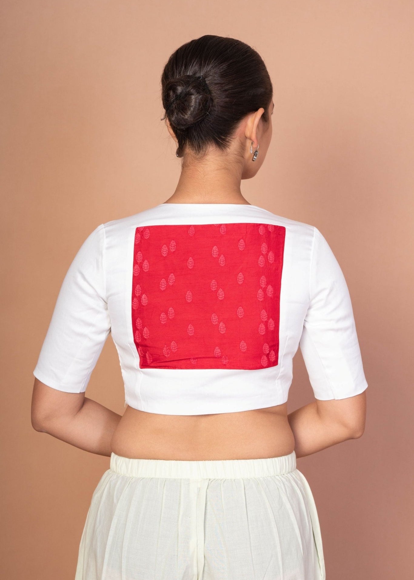 Red & White Embroidered Designer Blouse with V - Neck, Elbow Sleeves & Back Closure - Anvi Couture
