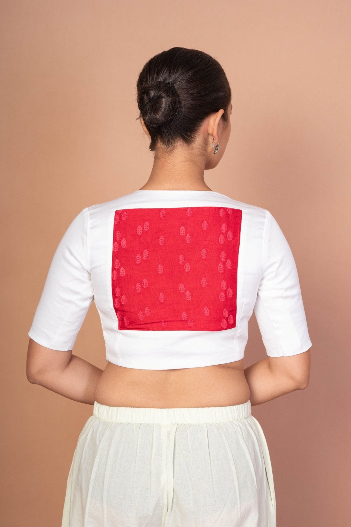 Red & White Embroidered Designer Blouse with V - Neck, Elbow Sleeves & Back Closure - Anvi Couture
