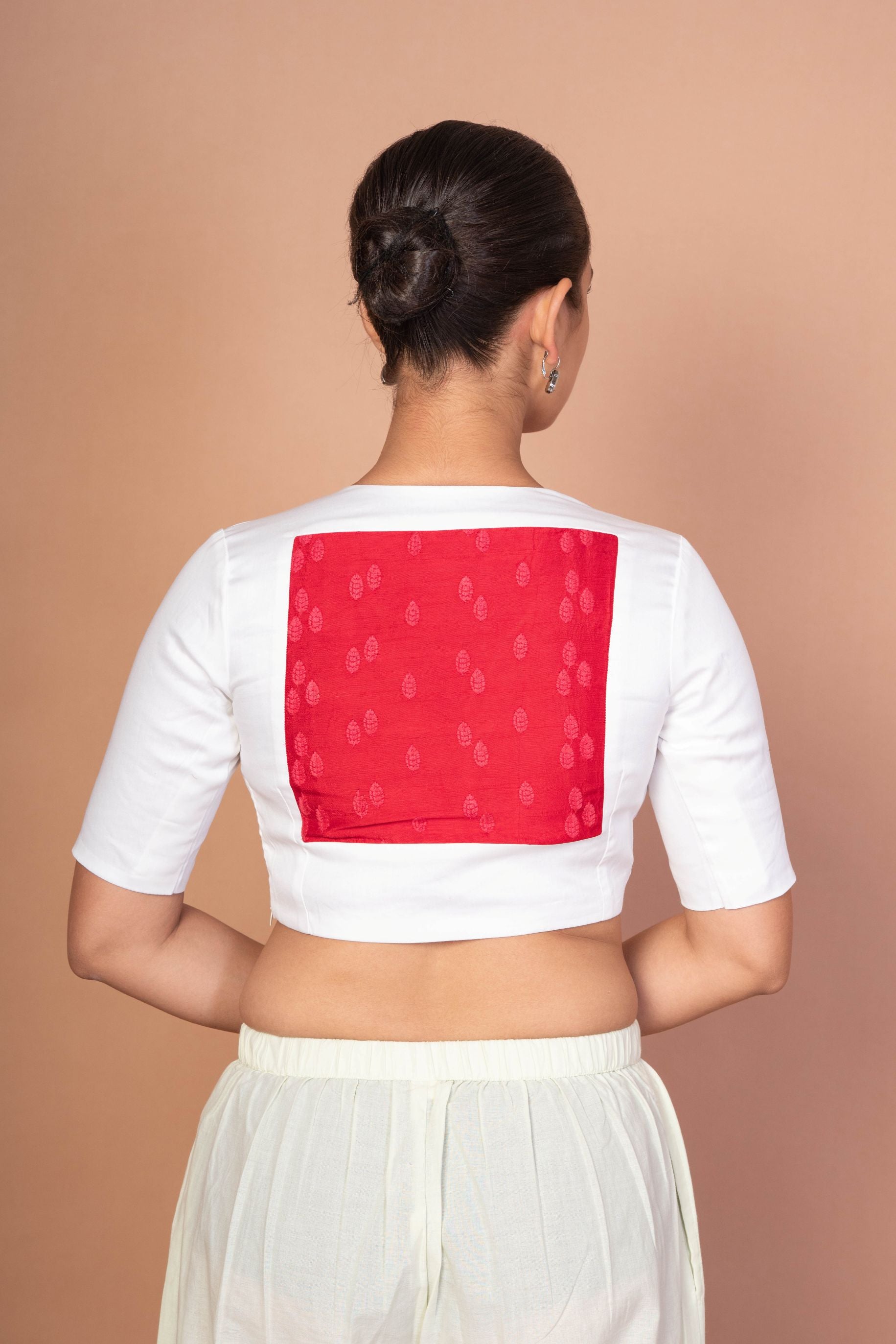Red & White Embroidered Designer Blouse with V-Neck, Elbow Sleeves & Back Closure - image 4