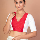 Red & White Embroidered Designer Blouse with V-Neck, Elbow Sleeves & Back Closure - image 1