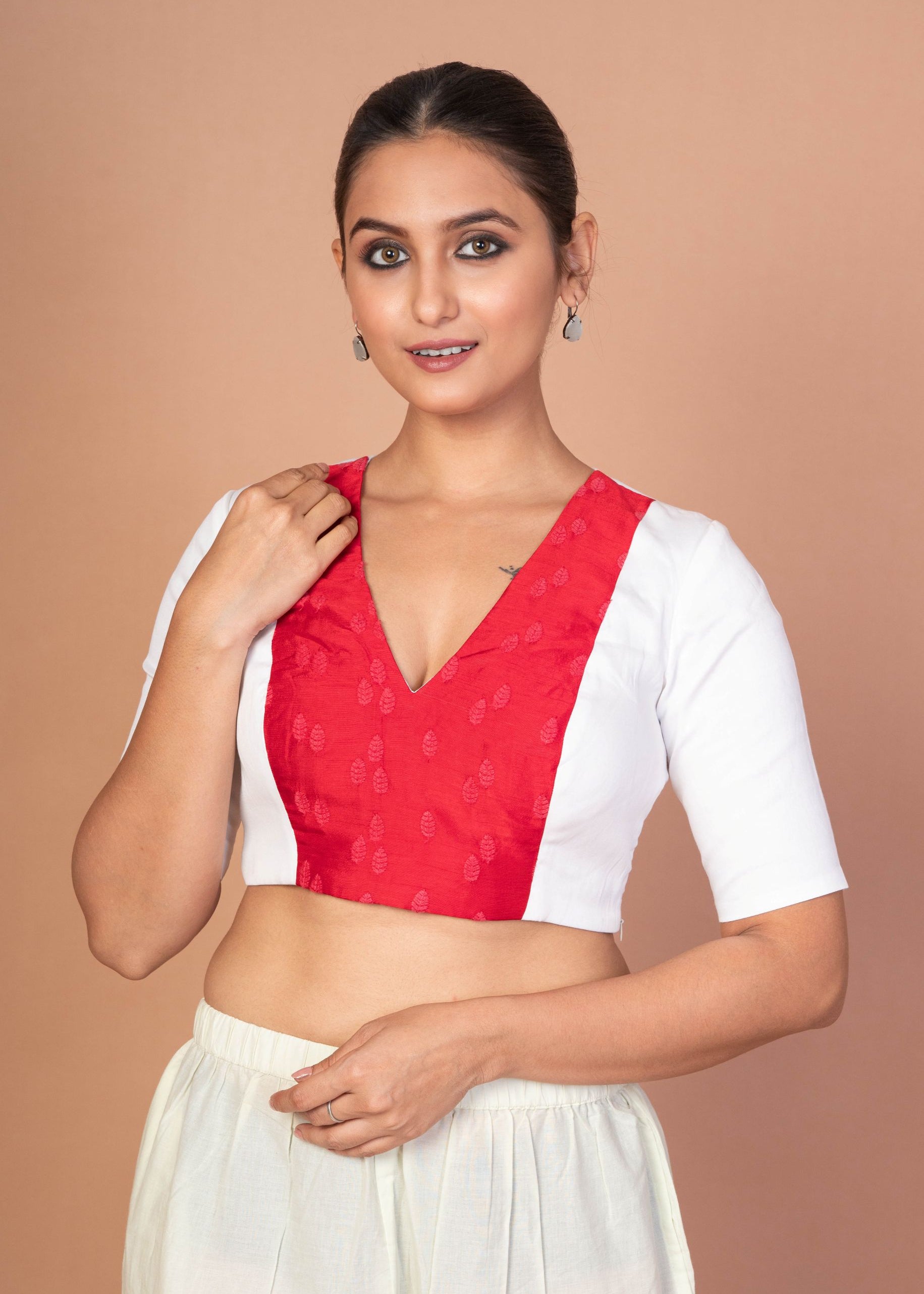 Red & White Embroidered Designer Blouse with V-Neck, Elbow Sleeves & Back Closure - image 1