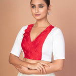 Red & White Embroidered Designer Blouse with V-Neck, Elbow Sleeves & Back Closure - image 3