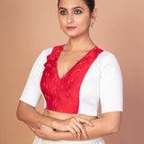 Red & White Embroidered Designer Blouse with V-Neck, Elbow Sleeves & Back Closure - image 3