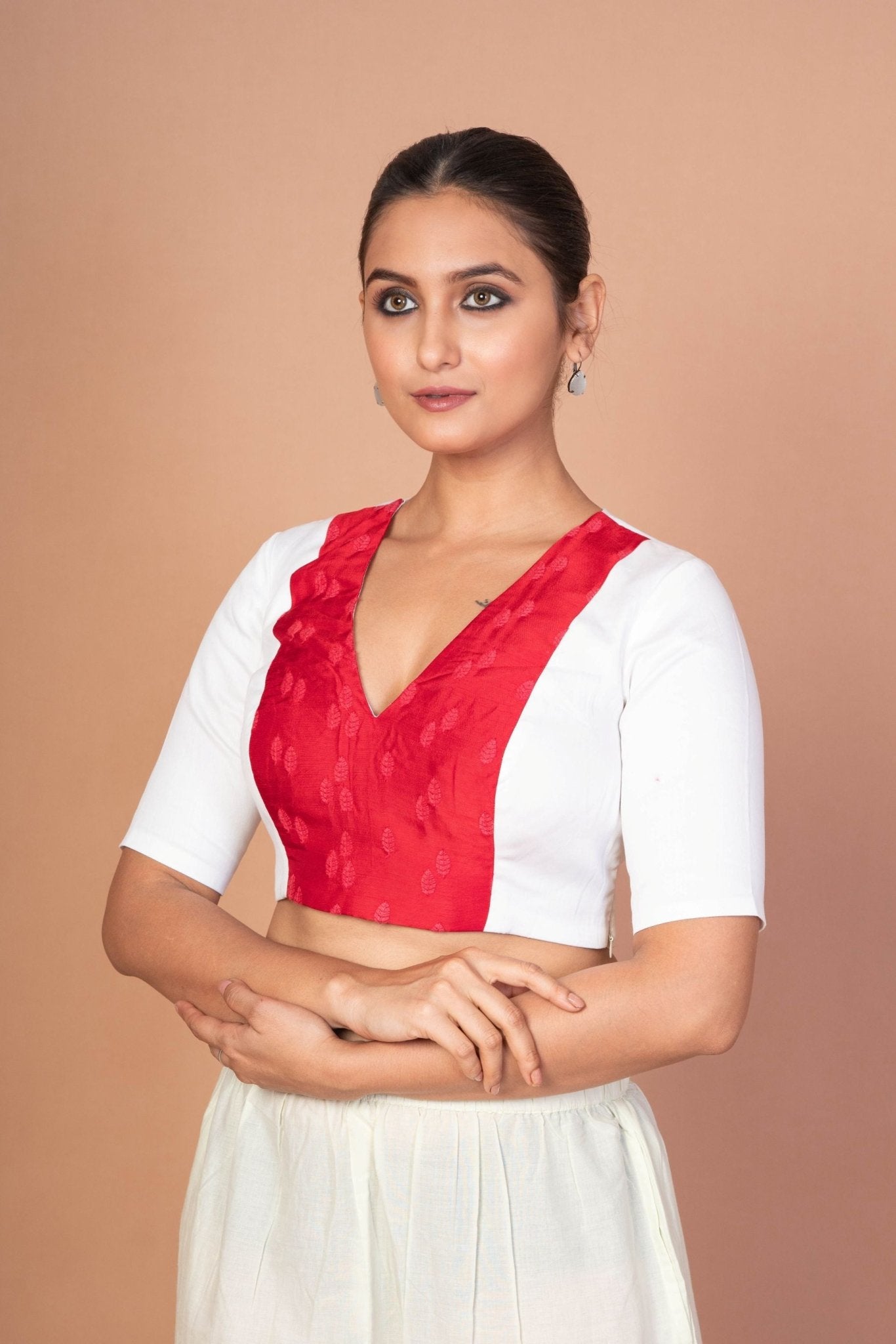 Red & White Embroidered Designer Blouse with V - Neck, Elbow Sleeves & Back Closure - Anvi Couture
