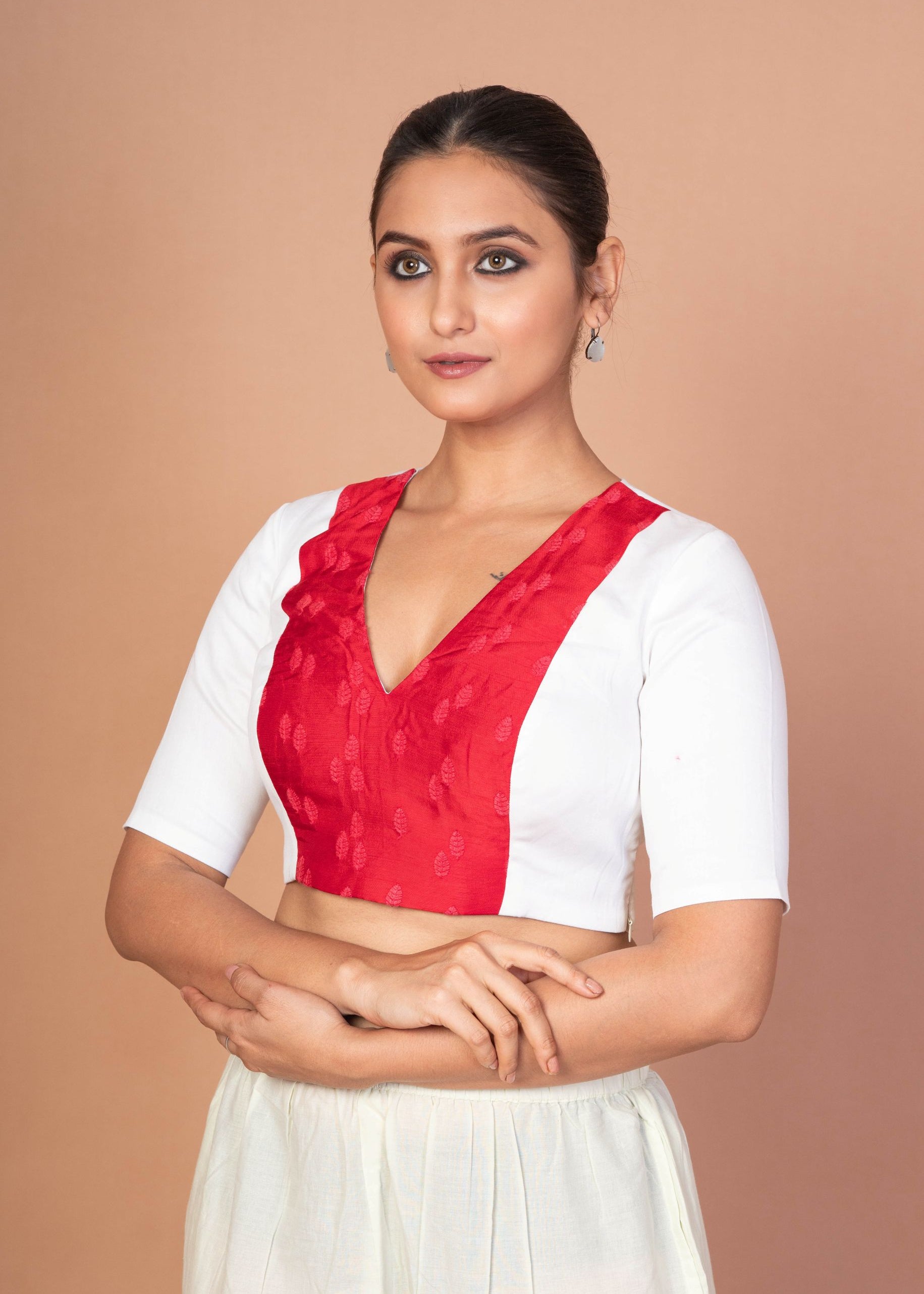 Red & White Embroidered Designer Blouse with V-Neck, Elbow Sleeves & Back Closure - image 3