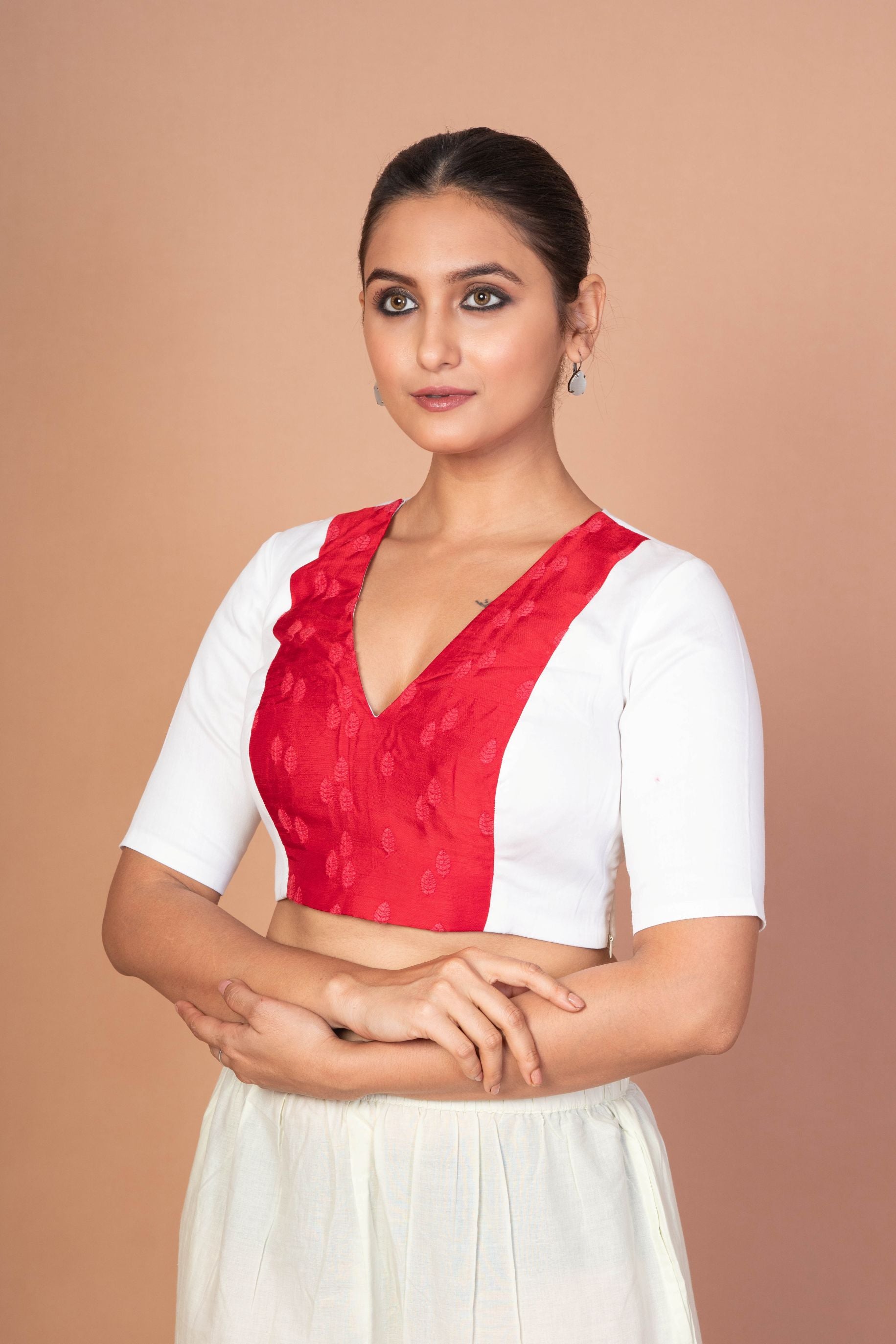 Red & White Embroidered Designer Blouse with V-Neck, Elbow Sleeves & Back Closure - image 3