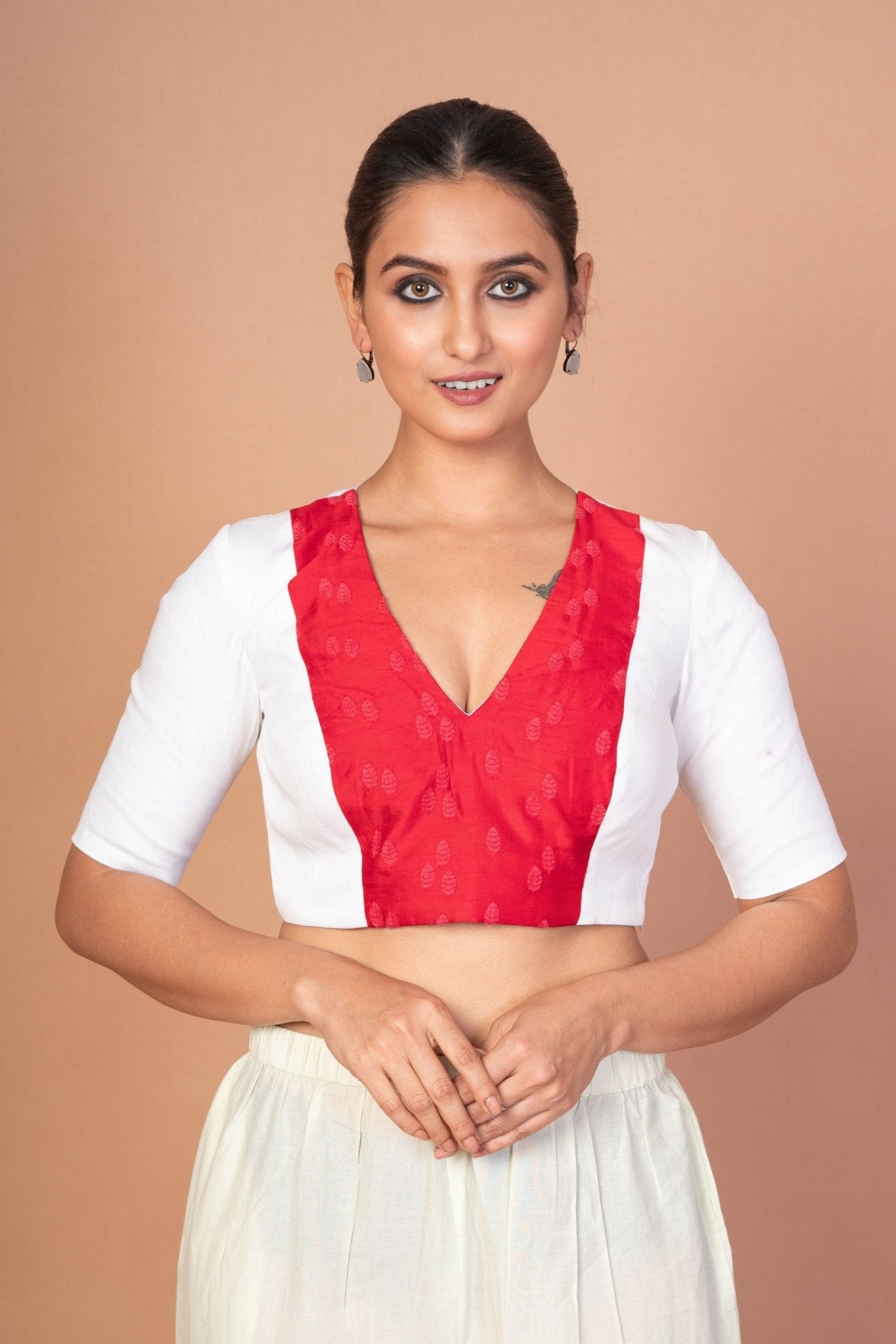 Red & White Embroidered Designer Blouse with V - Neck, Elbow Sleeves & Back Closure - Anvi Couture