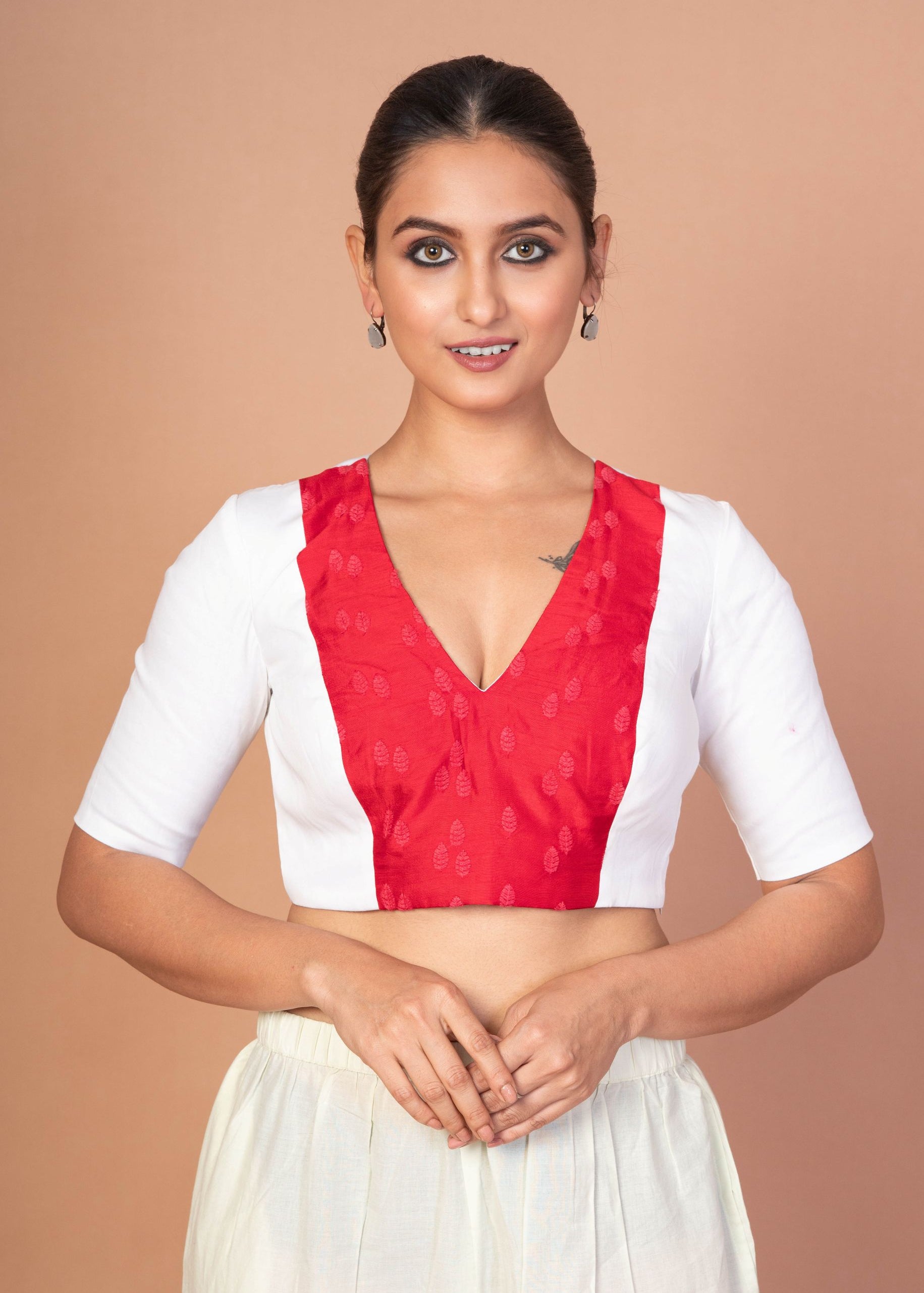 Red & White Embroidered Designer Blouse with V-Neck, Elbow Sleeves & Back Closure - image 2