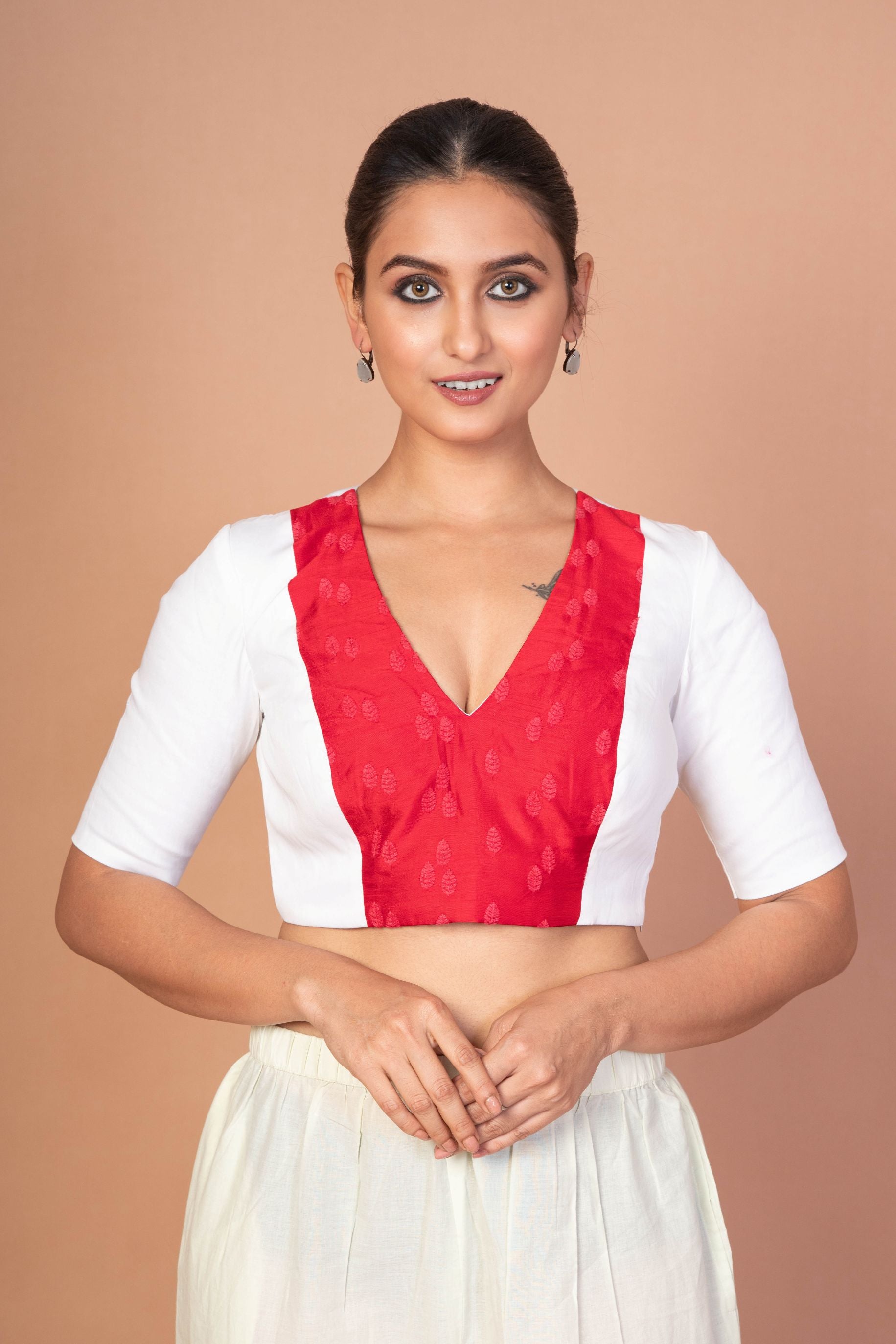 Red & White Embroidered Designer Blouse with V-Neck, Elbow Sleeves & Back Closure - image 2