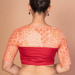 Maroon and Peach Printed Designer blouse with Boat Neckline and Elbow Sleeves - Anvi Couture