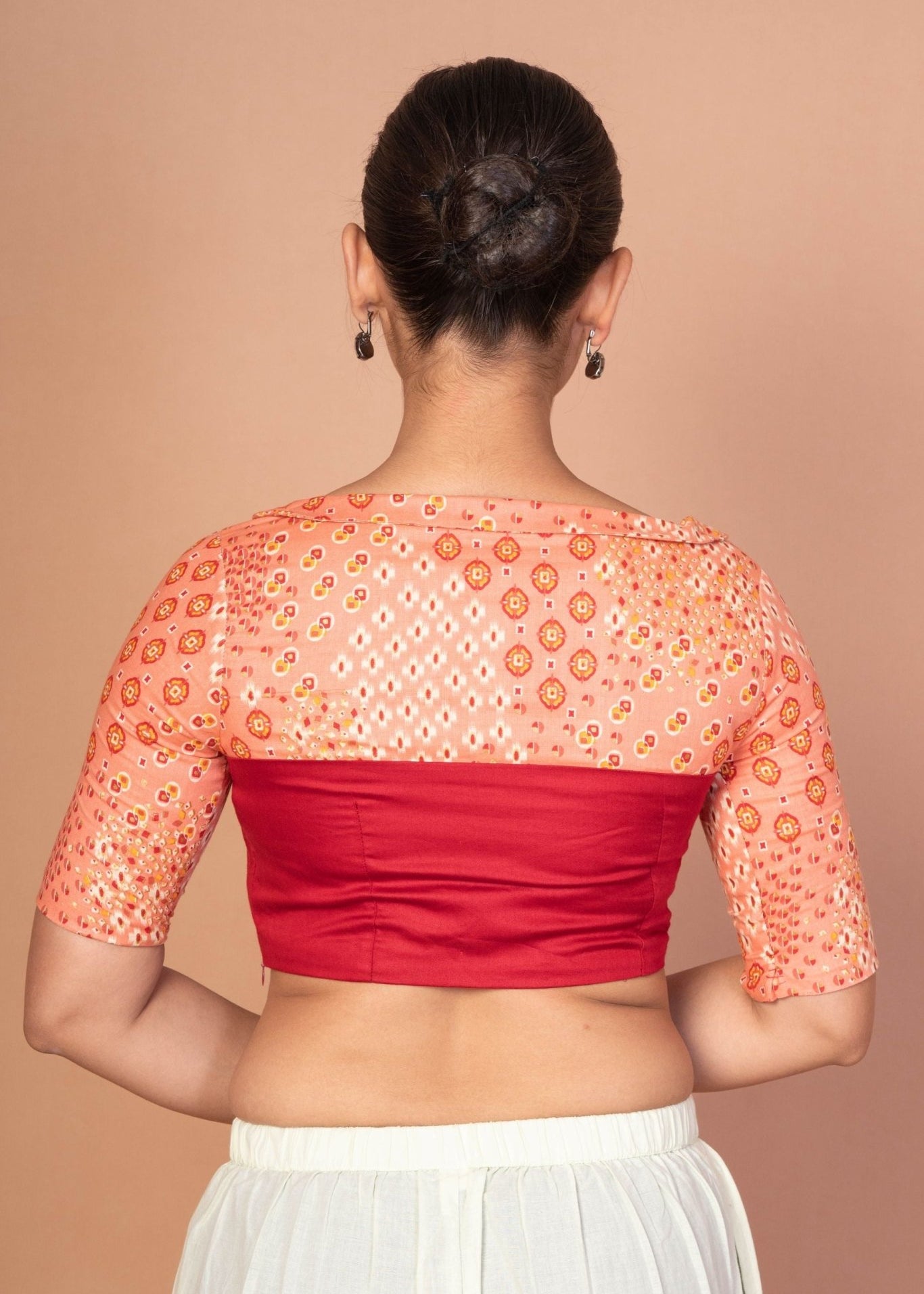 Maroon and Peach Printed Designer blouse with Boat Neckline and Elbow Sleeves - Anvi Couture