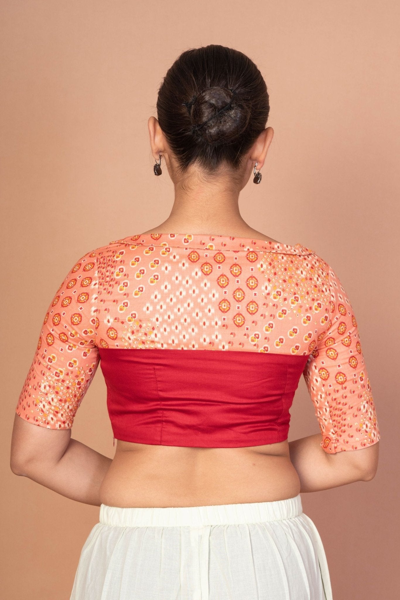 Maroon and Peach Printed Designer blouse with Boat Neckline and Elbow Sleeves - Anvi Couture