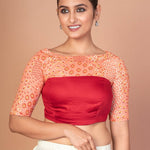 Maroon and Peach Printed Designer blouse with Boat Neckline and Elbow Sleeves - Anvi Couture