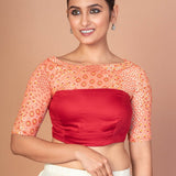 Maroon and Peach Printed Designer blouse with Boat Neckline and Elbow Sleeves - Anvi Couture