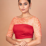Maroon and Peach Printed Designer blouse with Boat Neckline and Elbow Sleeves - Anvi Couture