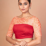 Maroon and Peach Printed Designer blouse with Boat Neckline and Elbow Sleeves - Anvi Couture
