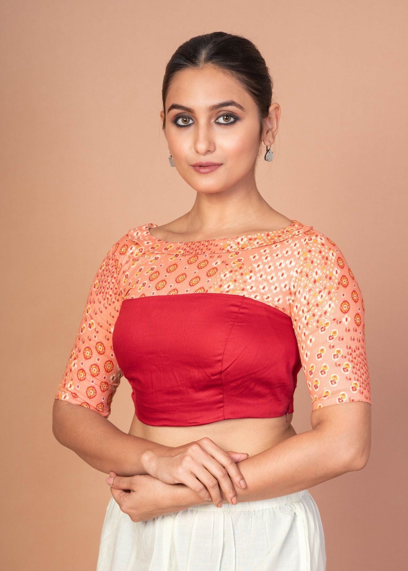 Maroon and Peach Printed Designer blouse with Boat Neckline and Elbow Sleeves - Anvi Couture
