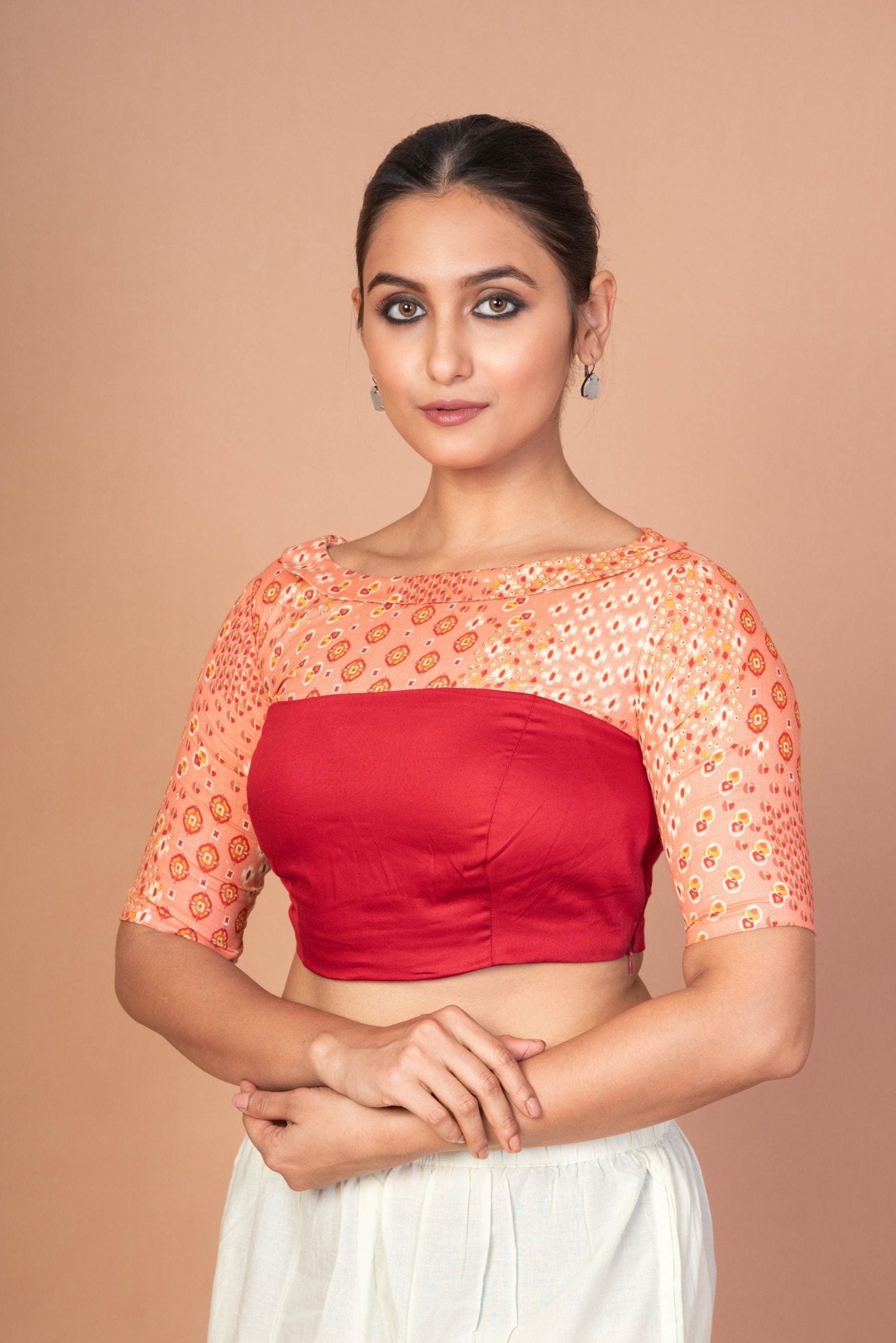 Maroon and Peach Printed Designer blouse with Boat Neckline and Elbow Sleeves - Anvi Couture