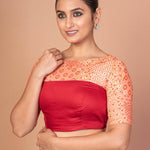 Maroon and Peach Printed Designer blouse with Boat Neckline and Elbow Sleeves - Anvi Couture