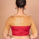 Maroon and Musturd Yellow Printed Designer blouse with Boat Neckline and Elbow Sleeves - image 4