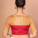 Maroon and Musturd Yellow Printed Designer blouse with Boat Neckline and Elbow Sleeves - image 4