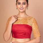Maroon and Musturd Yellow Printed Designer blouse with Boat Neckline and Elbow Sleeves - image 2