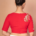 Red Closed Neck and Eblow Sleeves Hand Embroidered Designer Blouse - image 4