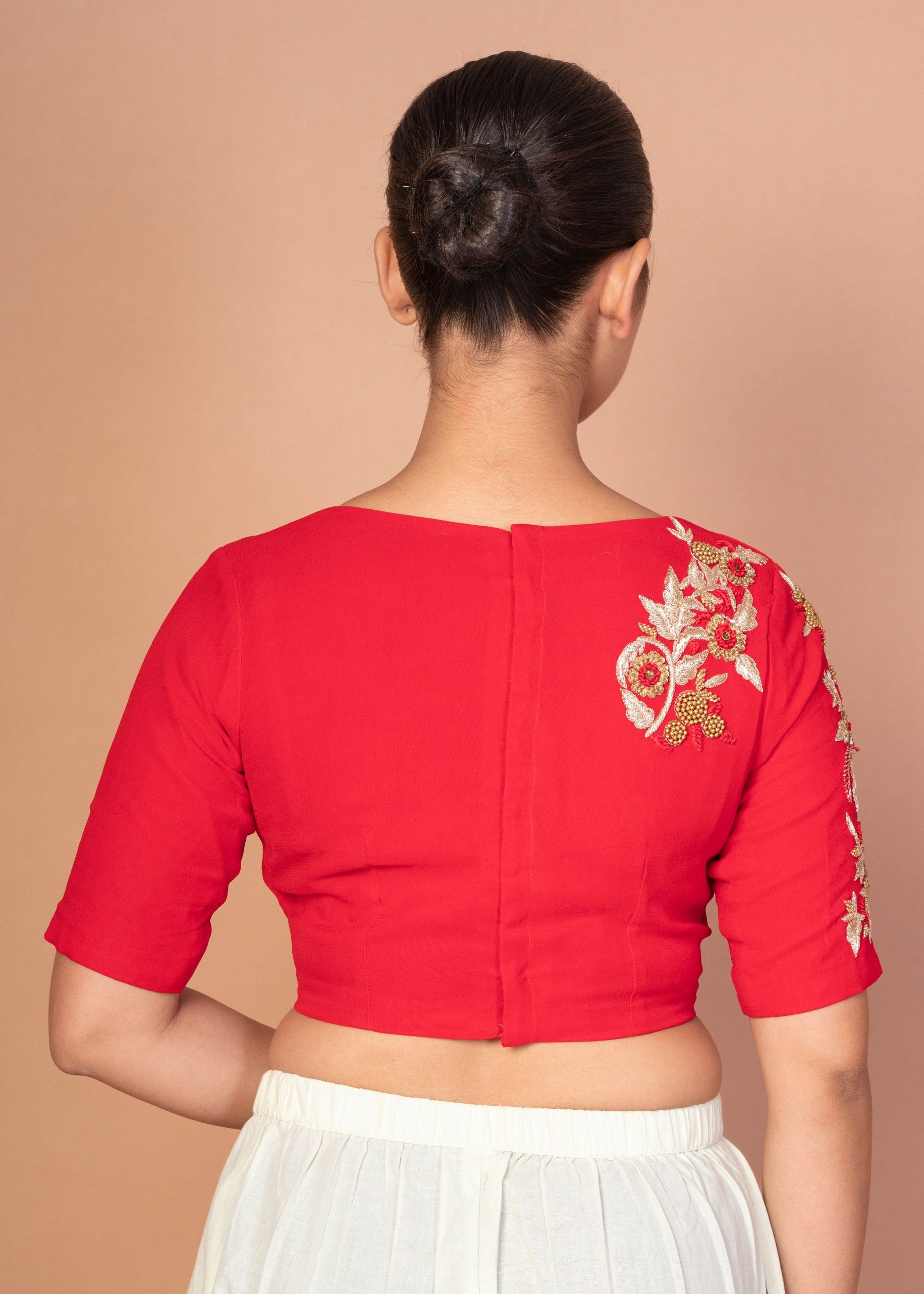 Red Closed Neck and Eblow Sleeves Hand Embroidered Designer Blouse - image 4
