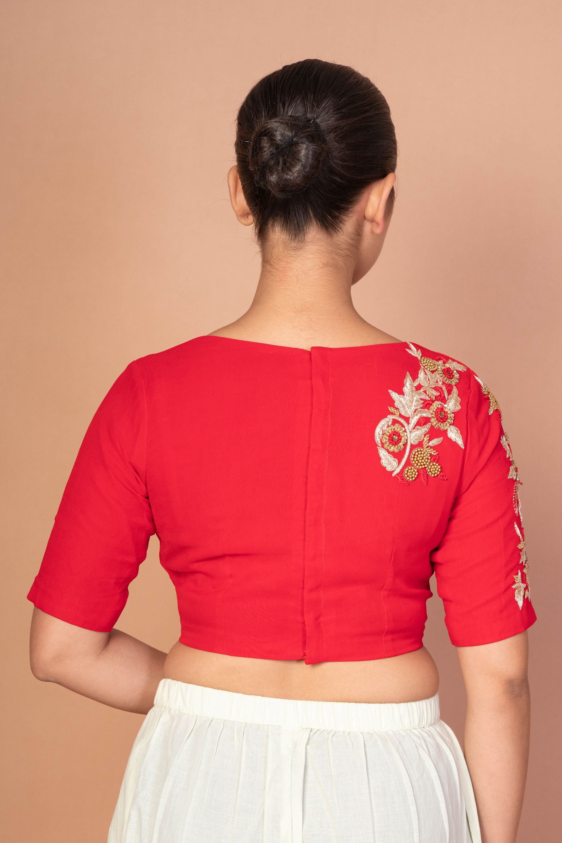 Red Closed Neck and Eblow Sleeves Hand Embroidered Designer Blouse - image 4