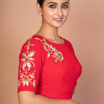 Red Closed Neck and Eblow Sleeves Hand Embroidered Designer Blouse - image 2