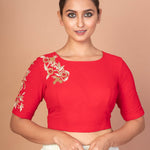 Red Closed Neck and Eblow Sleeves Hand Embroidered Designer Blouse - image 1