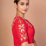 Red Closed Neck and Eblow Sleeves Hand Embroidered Designer Blouse - image 3