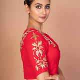 Red Closed Neck and Eblow Sleeves Hand Embroidered Designer Blouse - image 3