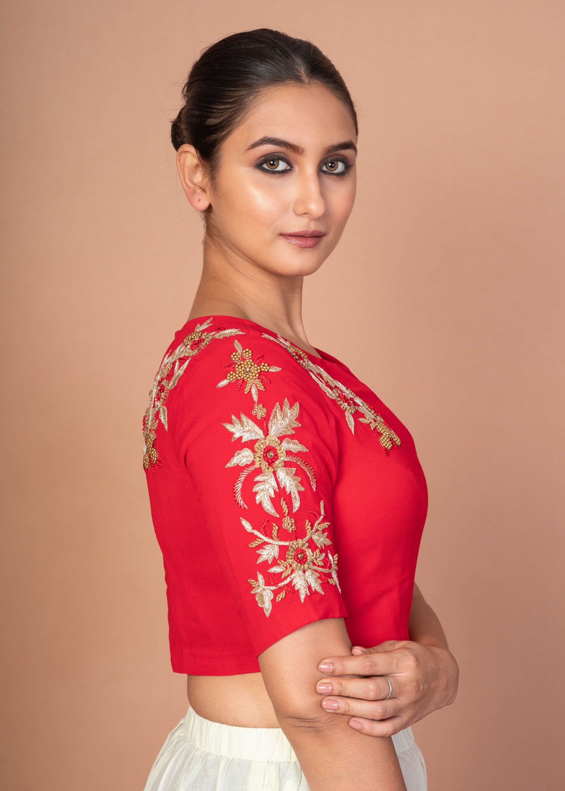 Red Closed Neck and Eblow Sleeves Hand Embroidered Designer Blouse - image 3