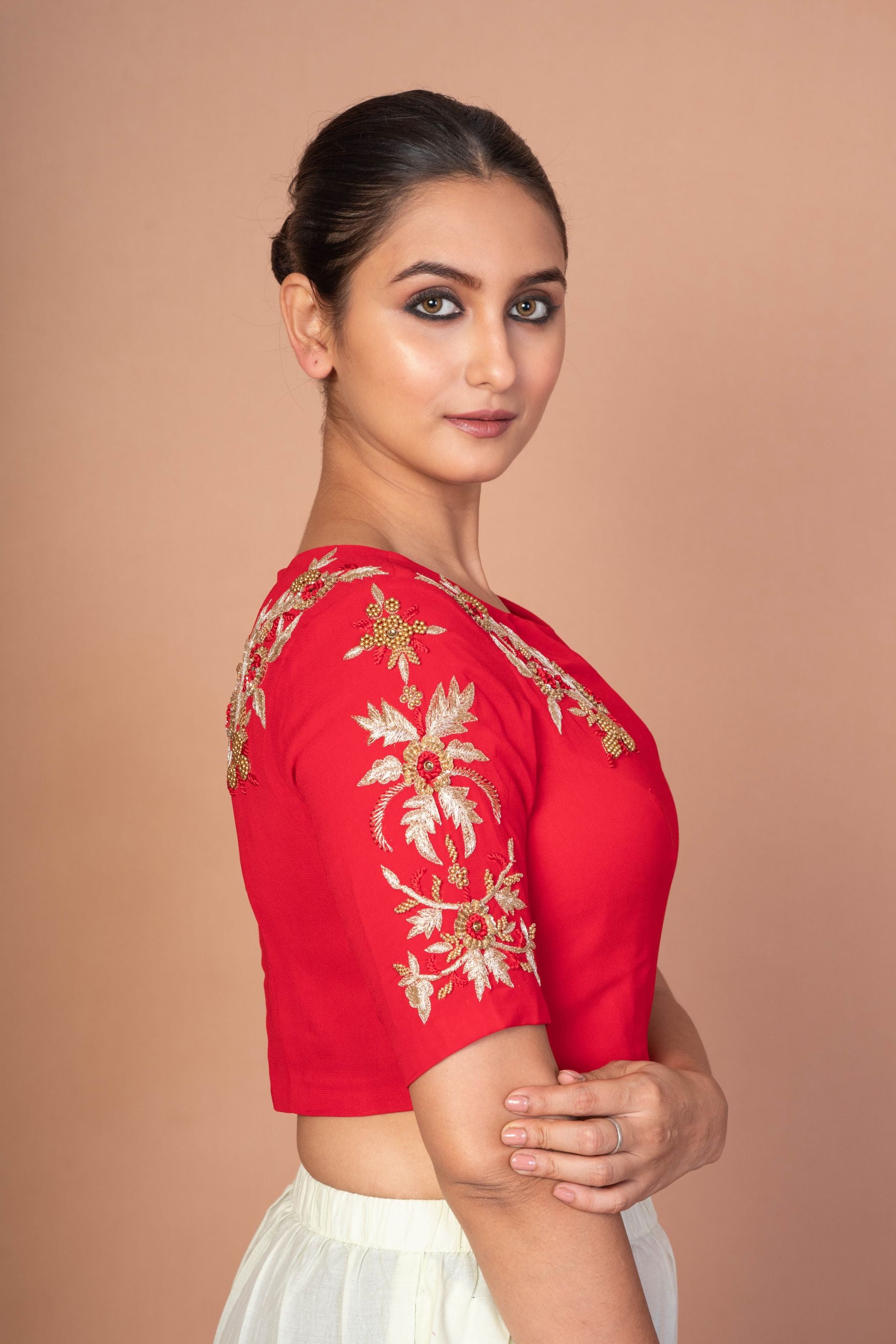 Red Closed Neck and Eblow Sleeves Hand Embroidered Designer Blouse - image 3