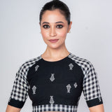 Black Cotton Handloom Blouse with Close Neck Back Closure - Anvi Couture
