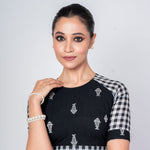 Black Cotton Handloom Blouse with Close Neck Back Closure - Anvi Couture