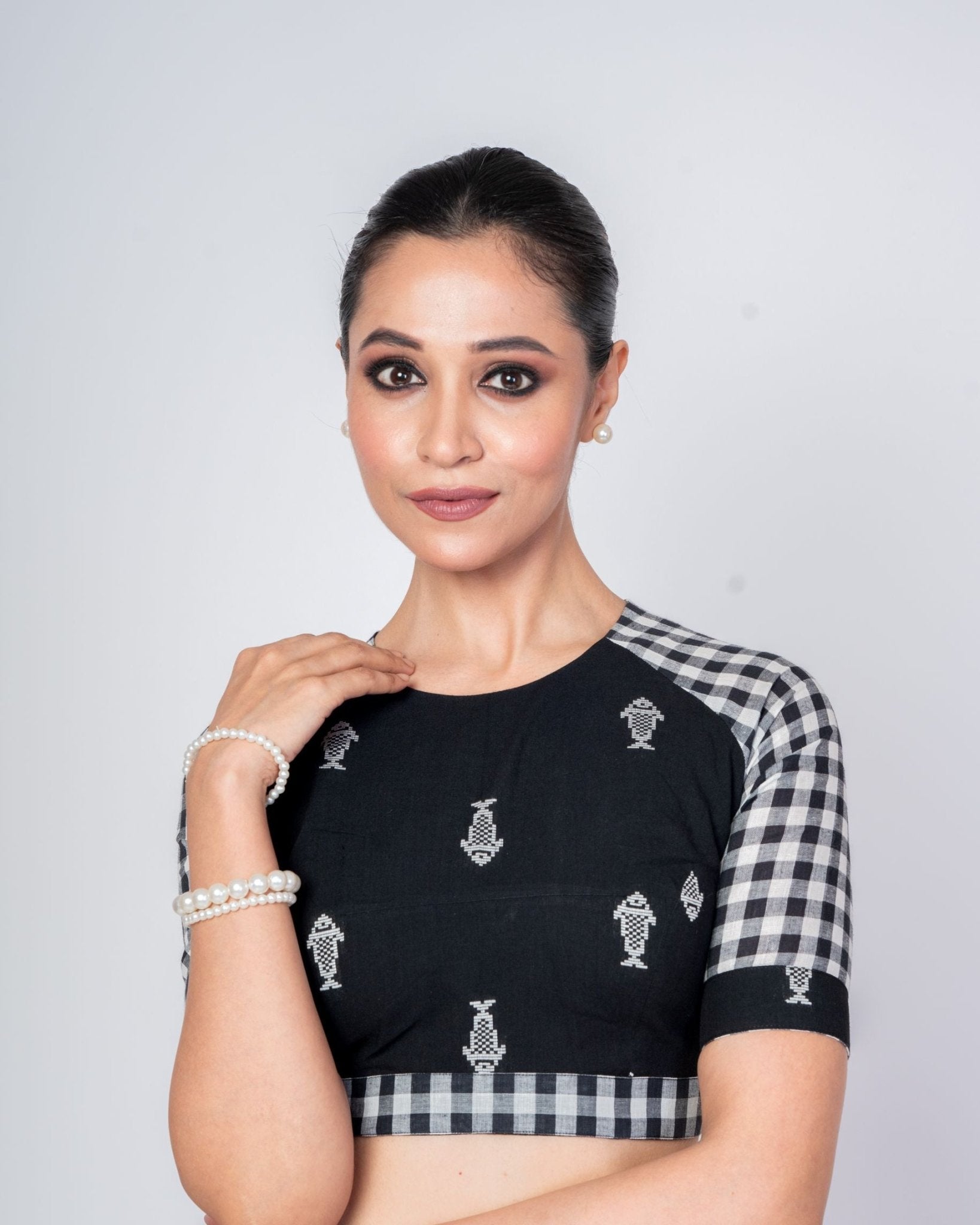 Black Cotton Handloom Blouse with Close Neck Back Closure - Anvi Couture