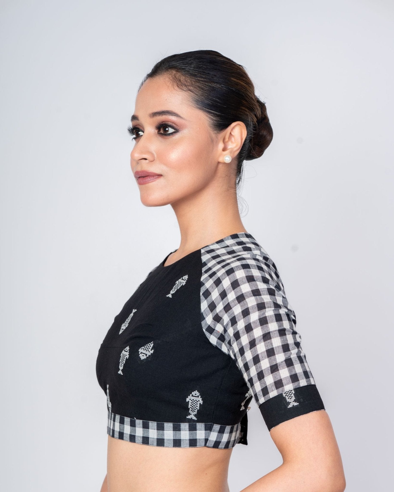 Black Cotton Handloom Blouse with Close Neck Back Closure - Anvi Couture