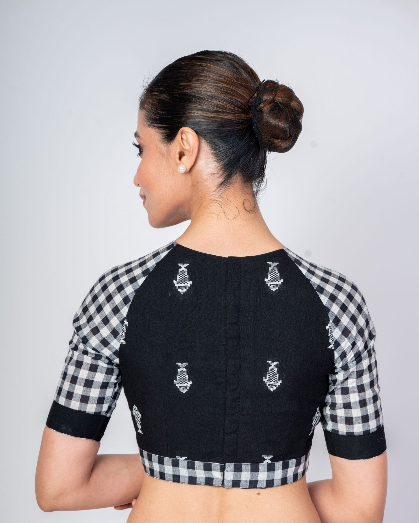 Black Cotton Handloom Blouse with Close Neck Back Closure - Anvi Couture