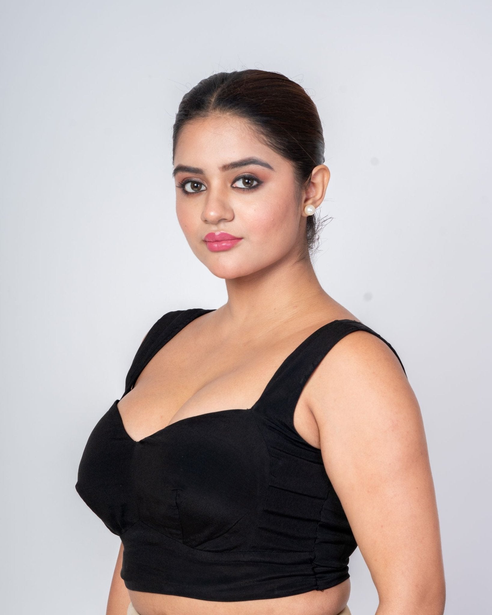 Black Satin Silk Sweetheart Neckline Sleeveless Blouse - Anvi Couture