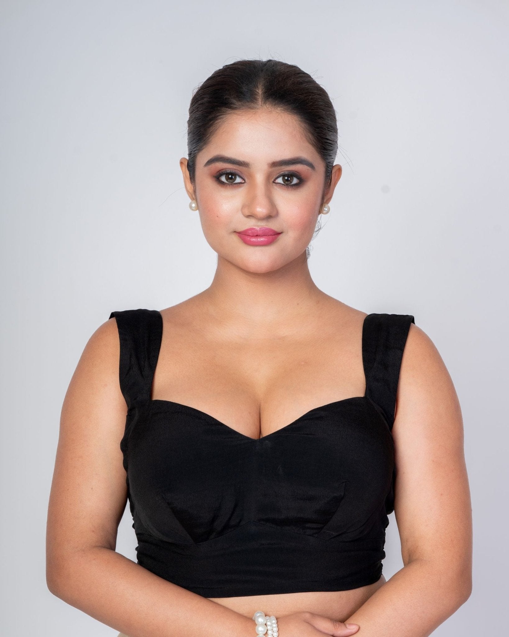 Black Satin Silk Sweetheart Neckline Sleeveless Blouse - Anvi Couture