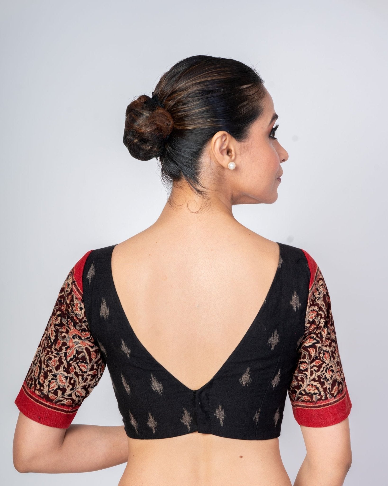 Black and Red Ajrakh Boat Neck Blouse with Elbow Sleeves - Anvi Couture