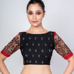 Black and Red Ajrakh Boat Neck Blouse with Elbow Sleeves - Anvi Couture